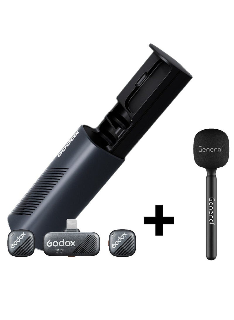 Godox Cube-S 2-Person Wireless Microphone System with Lightning Connector for iOS + GHM-001 microphone handheld adapter - Image 1